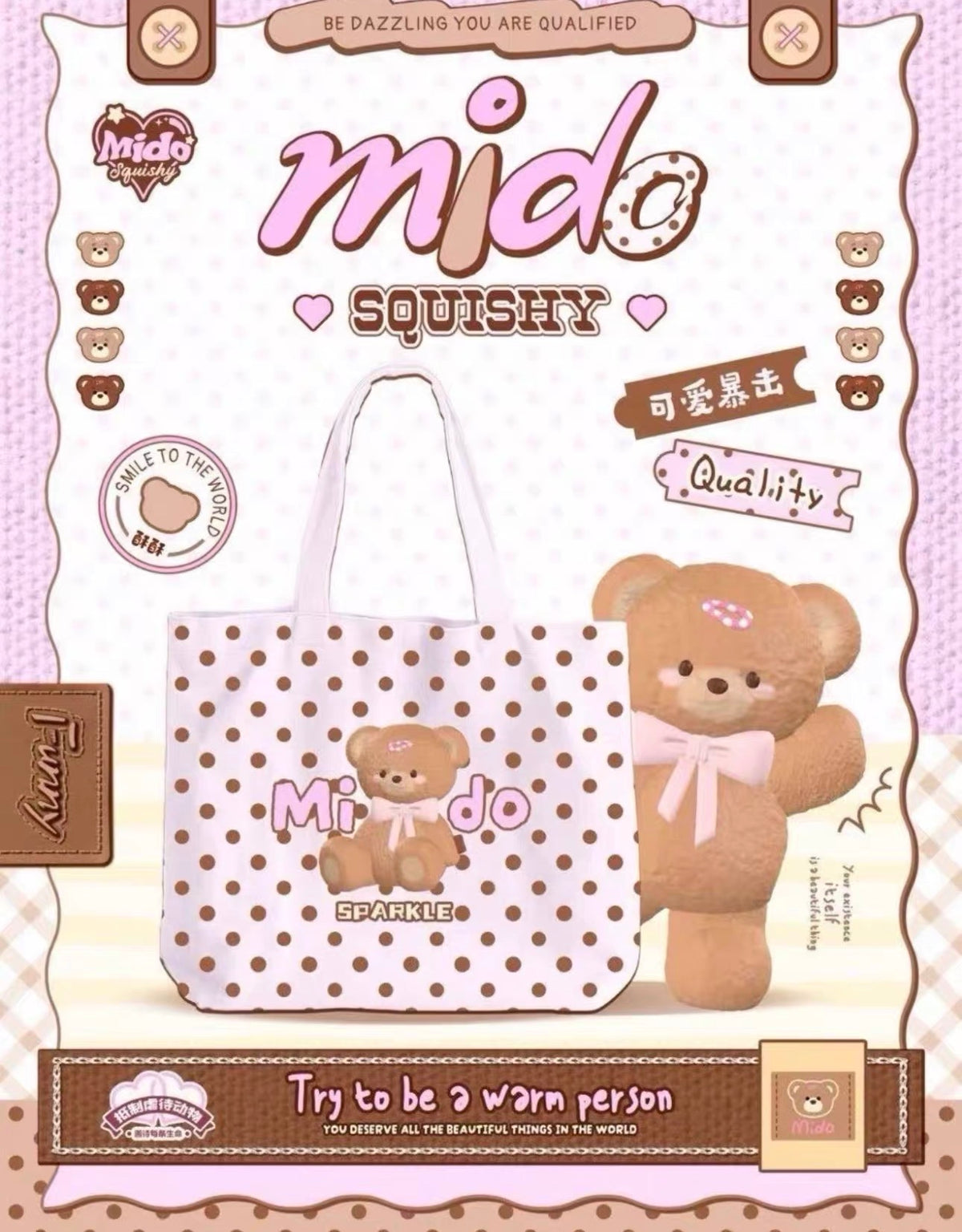 Mido Squishy - Teddy Pink Polka Dots Canvas Tote Carrier Bag