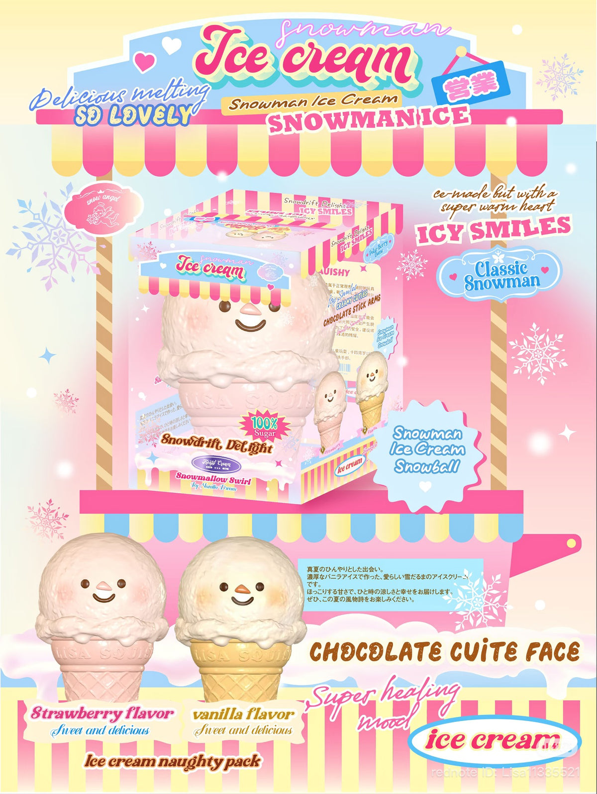 DEFECTED - 2 Flavours! Vanilla Strawberry Creamy Ice-Cream Snowman Cone Squishy