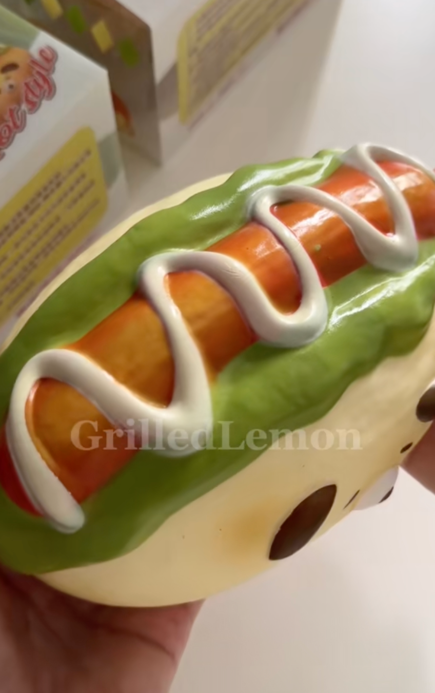 White Fluffy Relaxed Puppy Hotdog Sausage Bread Squishy